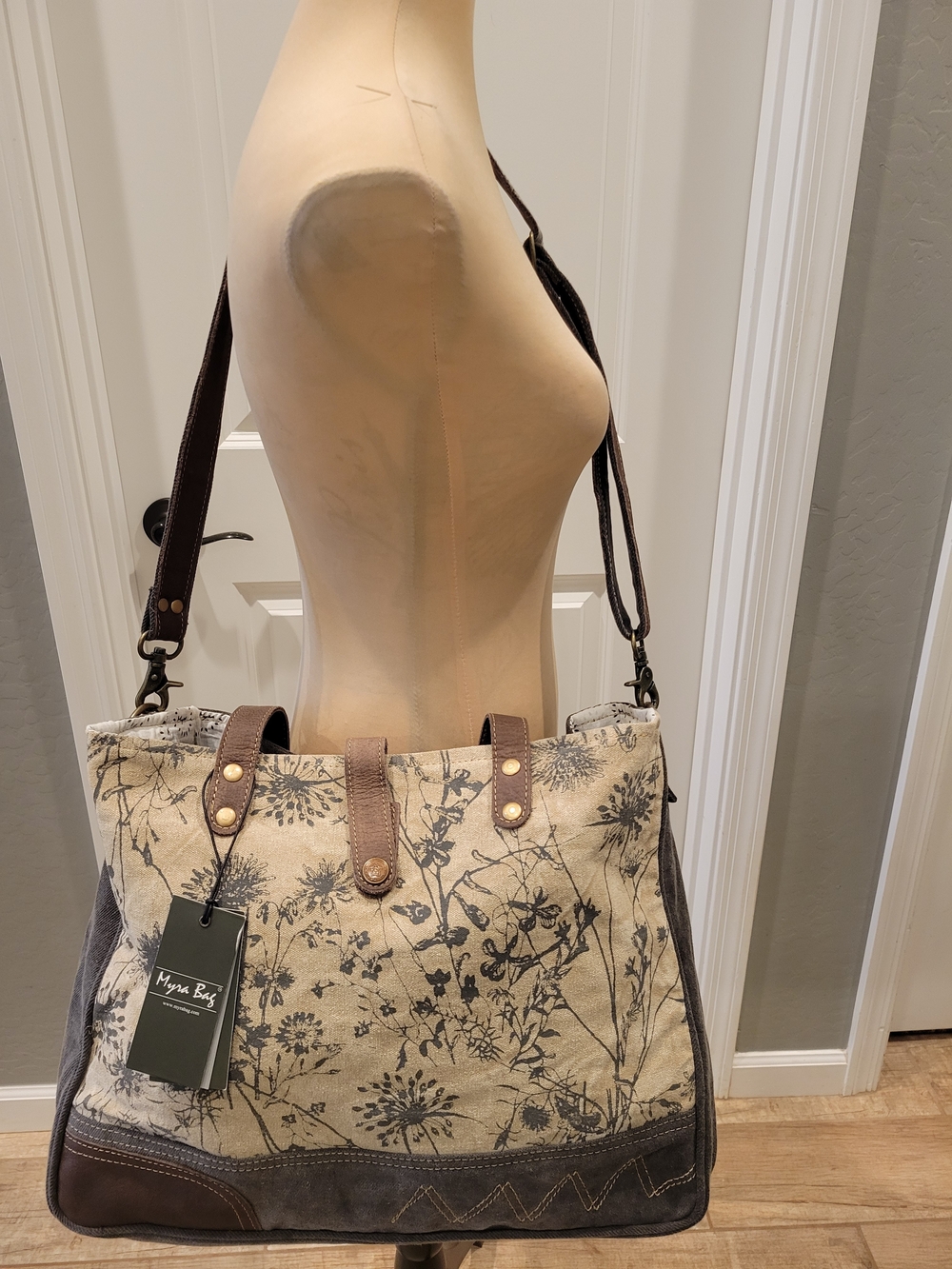 Myra Bag Beige Canvas Floral Tote with Brown Trim - Picture 4 of 9